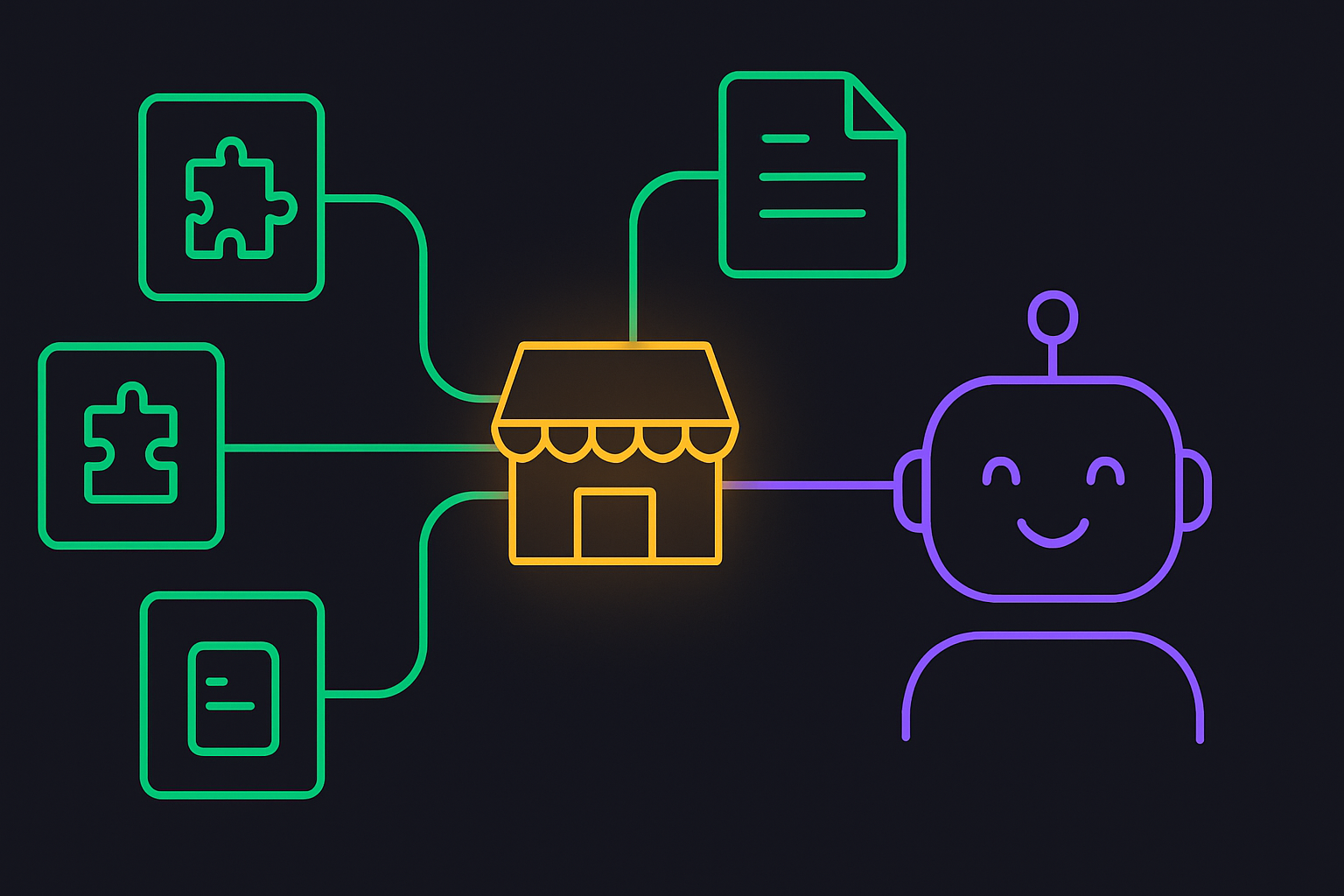 A central marketplace hub distributing modular skill cards into an AI assistant, representing a Claude skills marketplace