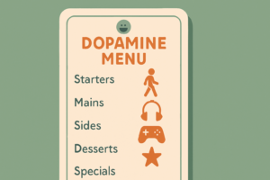 A restaurant-style menu card split into sections with small activity icons, illustrating dopamine menu ideas by category
