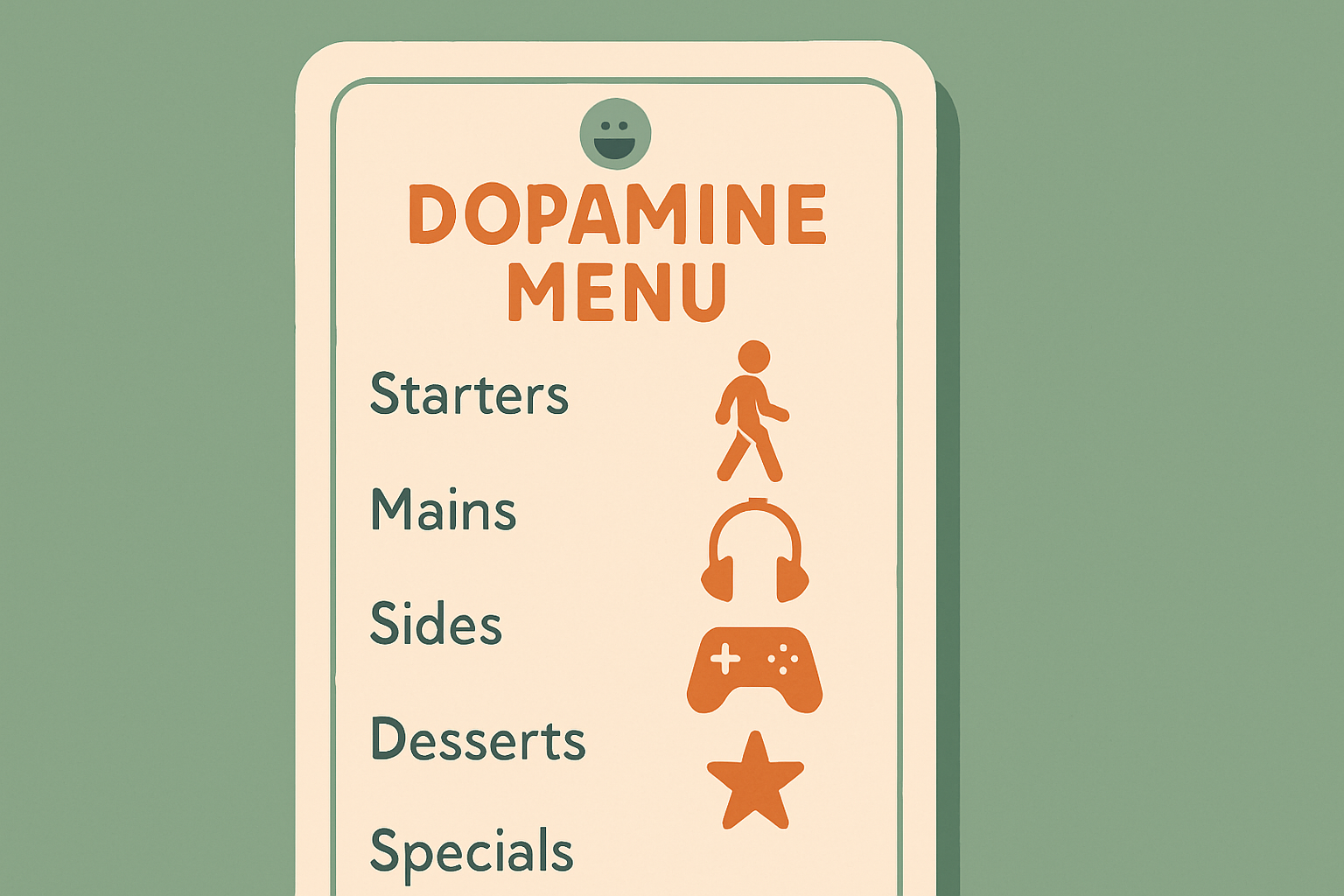 A restaurant-style menu card split into sections with small activity icons, illustrating dopamine menu ideas by category