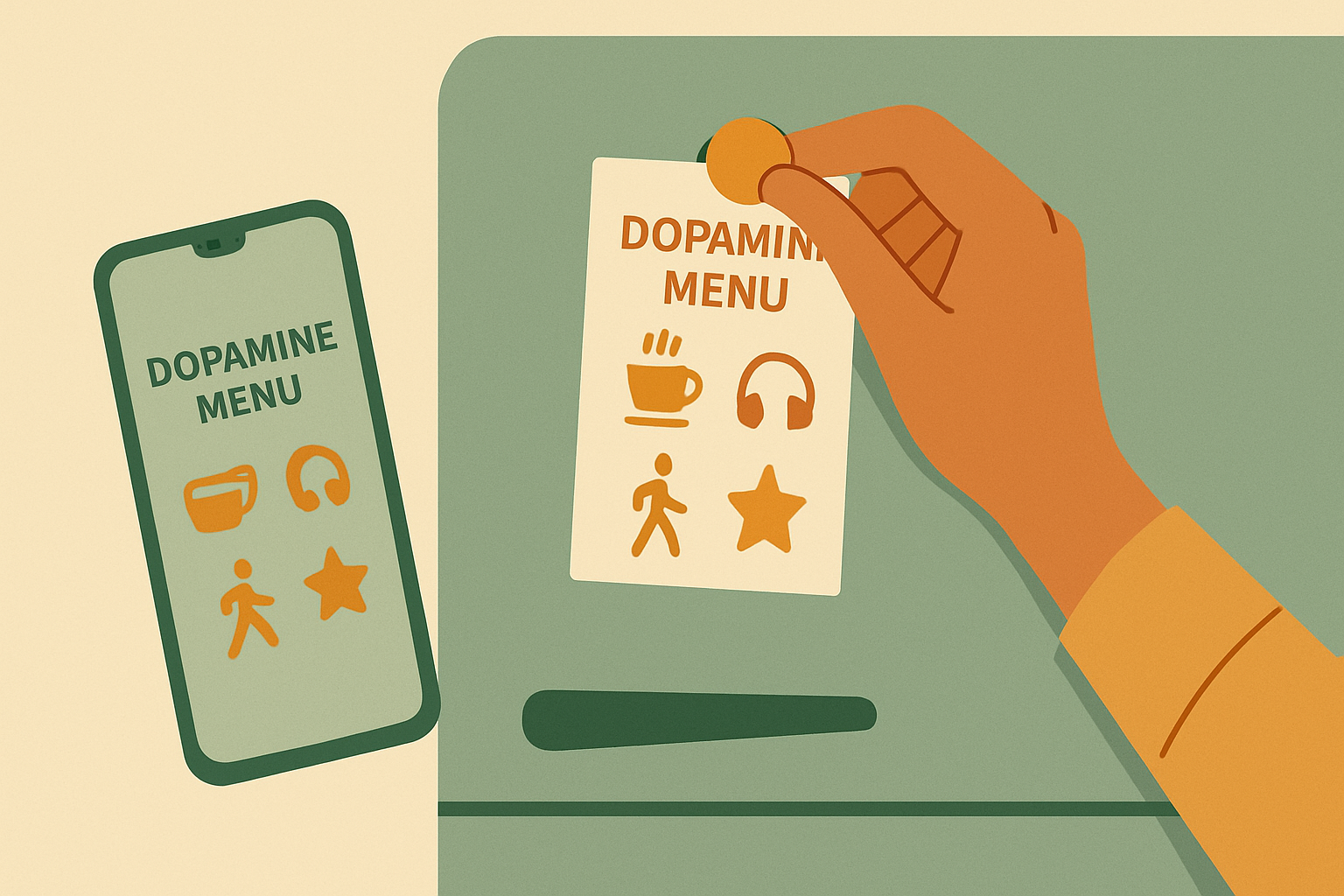 A printed dopamine menu card on a fridge and the same menu on a phone wallpaper, showing how to keep dopamine menu ideas visible