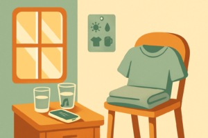 A calm ADHD-friendly morning scene with laid-out clothes, water, and a checklist card on the wall, illustrating an ADHD morning routine