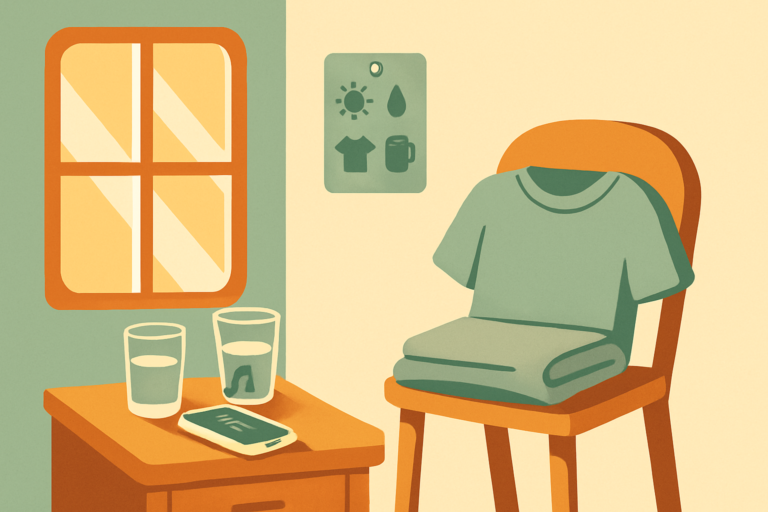 A calm ADHD-friendly morning scene with laid-out clothes, water, and a checklist card on the wall, illustrating an ADHD morning routine