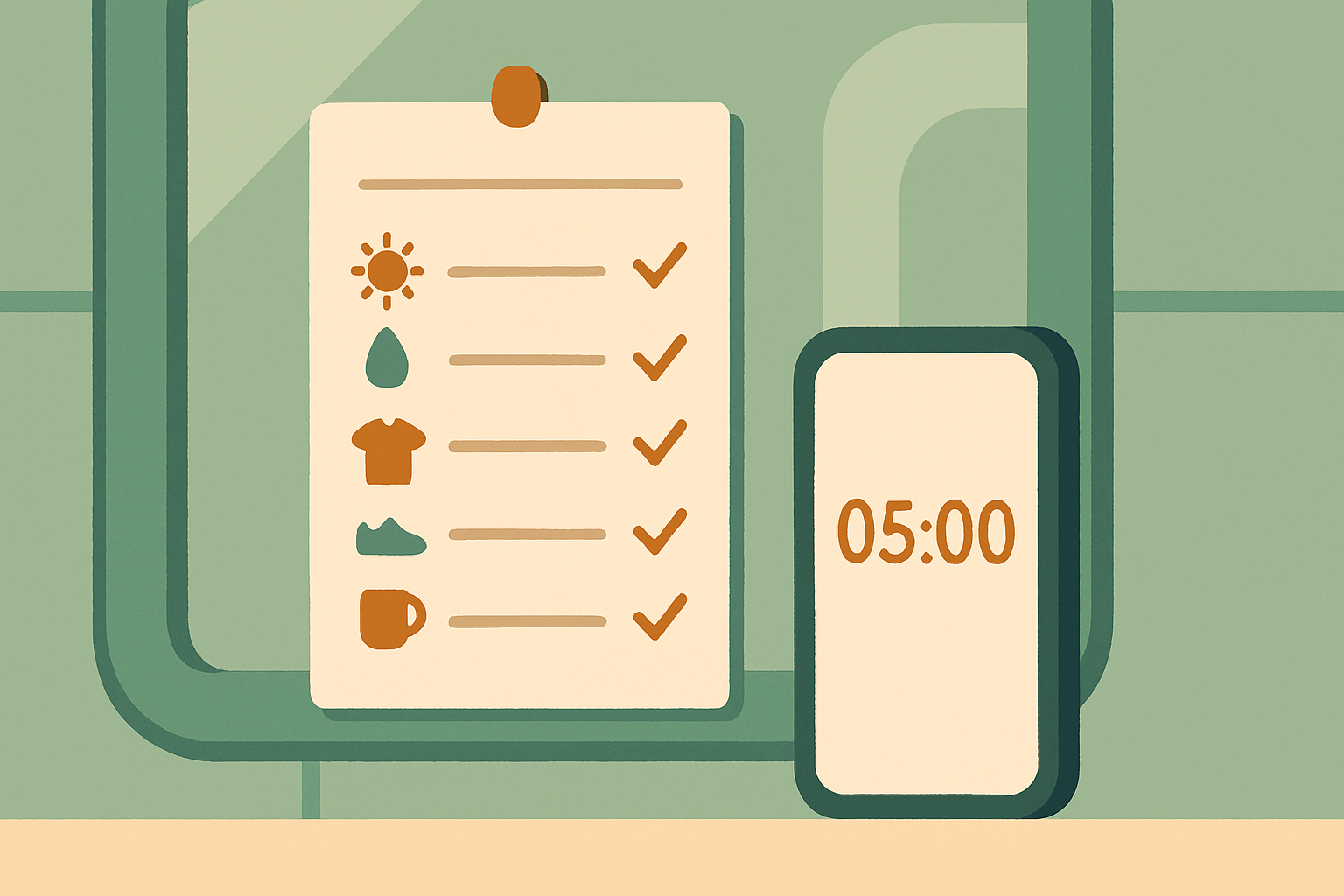A visible morning checklist card pinned to a mirror with simple icons and a timer, illustrating an ADHD morning routine checklist
