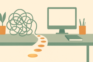 A tangled knot of lines unwinding into a single path of stepping stones with a glowing first step, illustrating breaking ADHD task paralysis