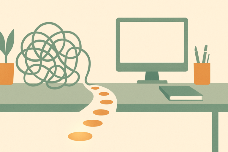 A tangled knot of lines unwinding into a single path of stepping stones with a glowing first step, illustrating breaking ADHD task paralysis