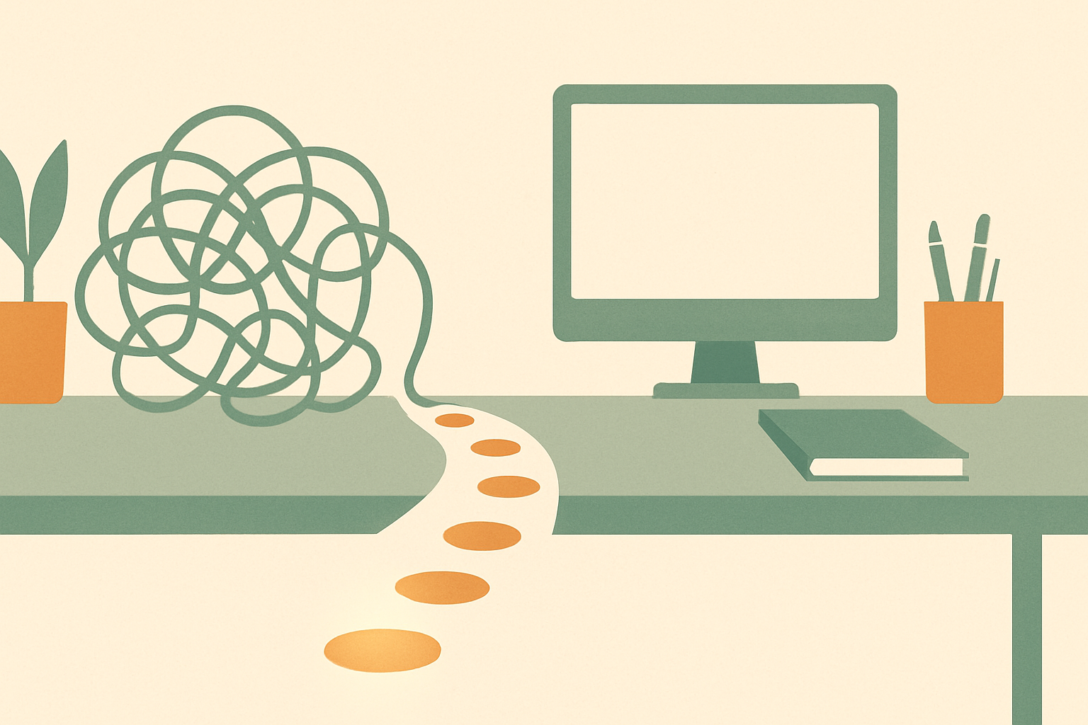 A tangled knot of lines unwinding into a single path of stepping stones with a glowing first step, illustrating breaking ADHD task paralysis