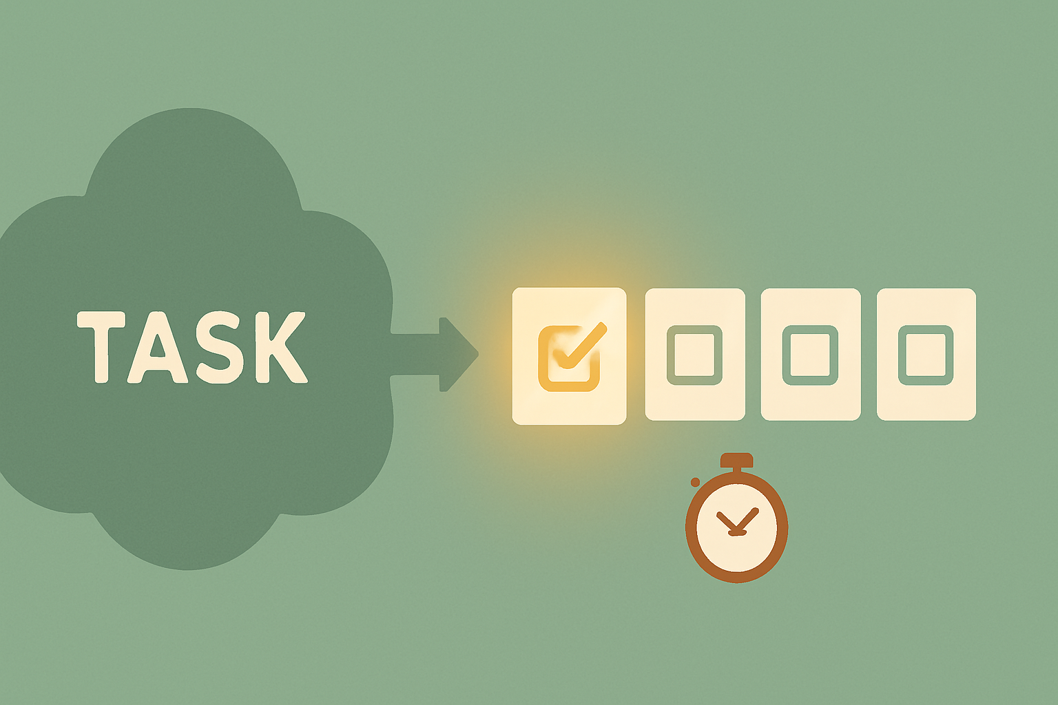 A big vague task broken into small checkbox steps with a glowing first step and a timer, illustrating how to break ADHD task paralysis