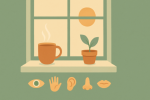 A calm sunlit scene with five senses icons in a row, illustrating coping skills for anxiety like the 5-4-3-2-1 grounding technique
