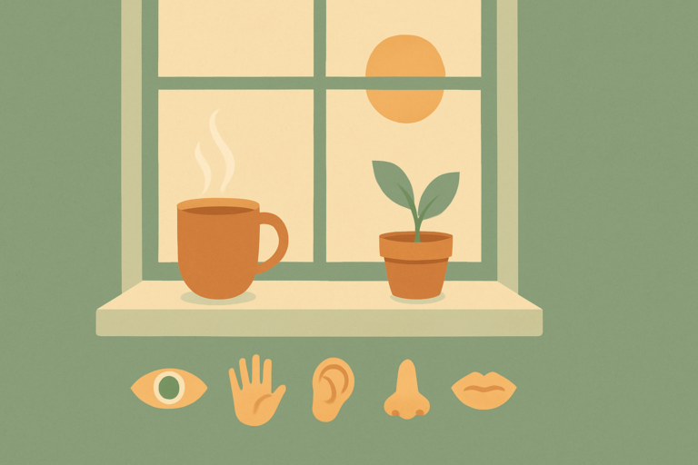 A calm sunlit scene with five senses icons in a row, illustrating coping skills for anxiety like the 5-4-3-2-1 grounding technique