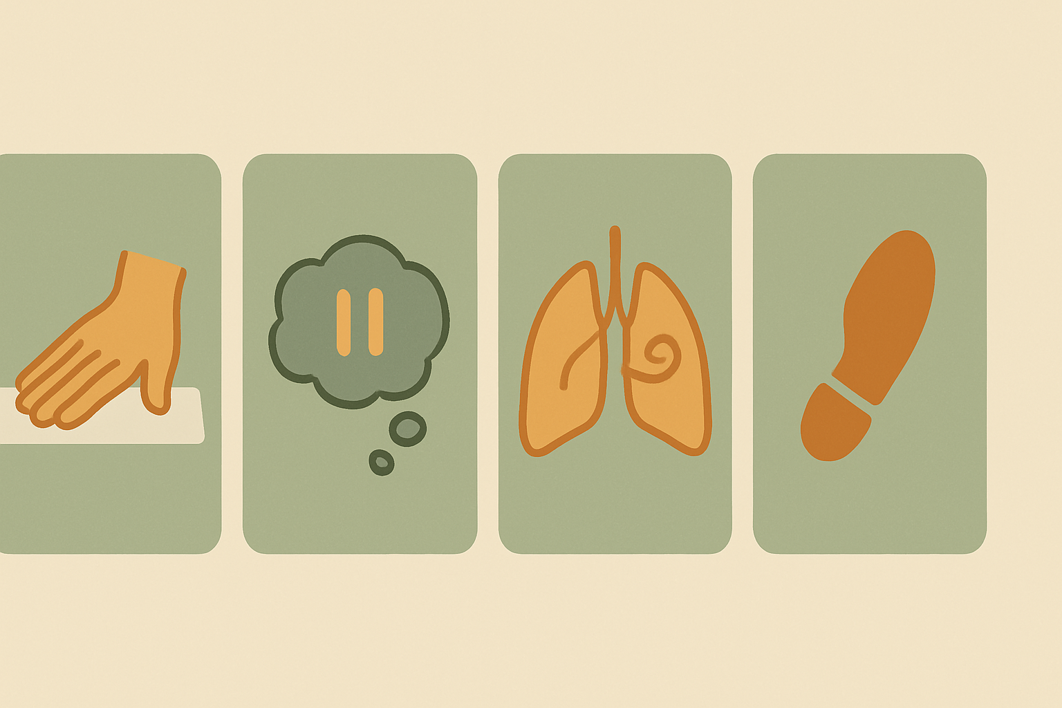 Four grouped cards with simple icons representing categories of coping skills for anxiety: grounding, thoughts, body, and avoidance