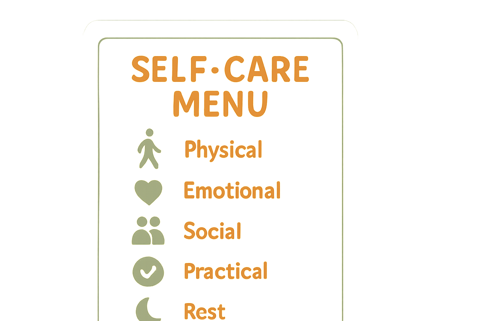 A self-care menu card split into sections with small icons for physical, emotional, social, practical, and rest self-care ideas