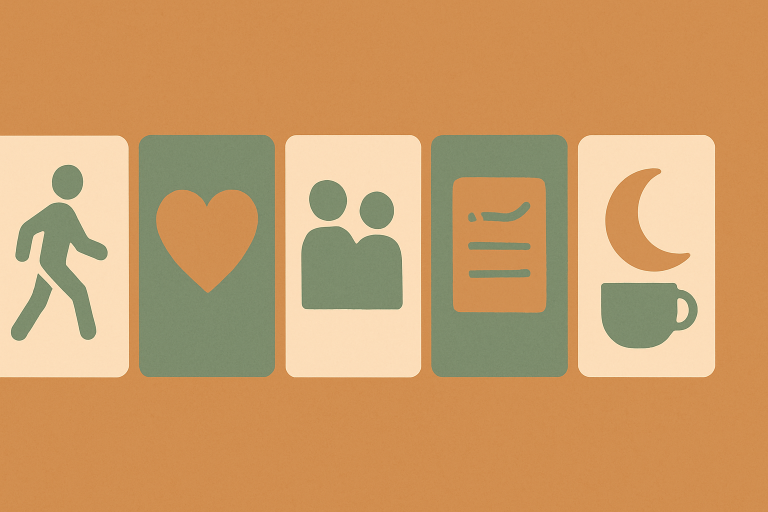 Five grouped cards with simple icons representing types of self-care: physical, emotional, social, practical, and rest