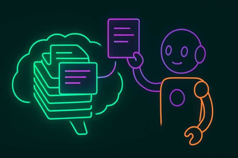 A robot easily reading note cards from a glowing brain, illustrating the best second brain app being the one your AI can read.