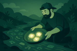 A developer panning a stream of app icons and catching a few glowing ones, representing how to find app ideas worth building.