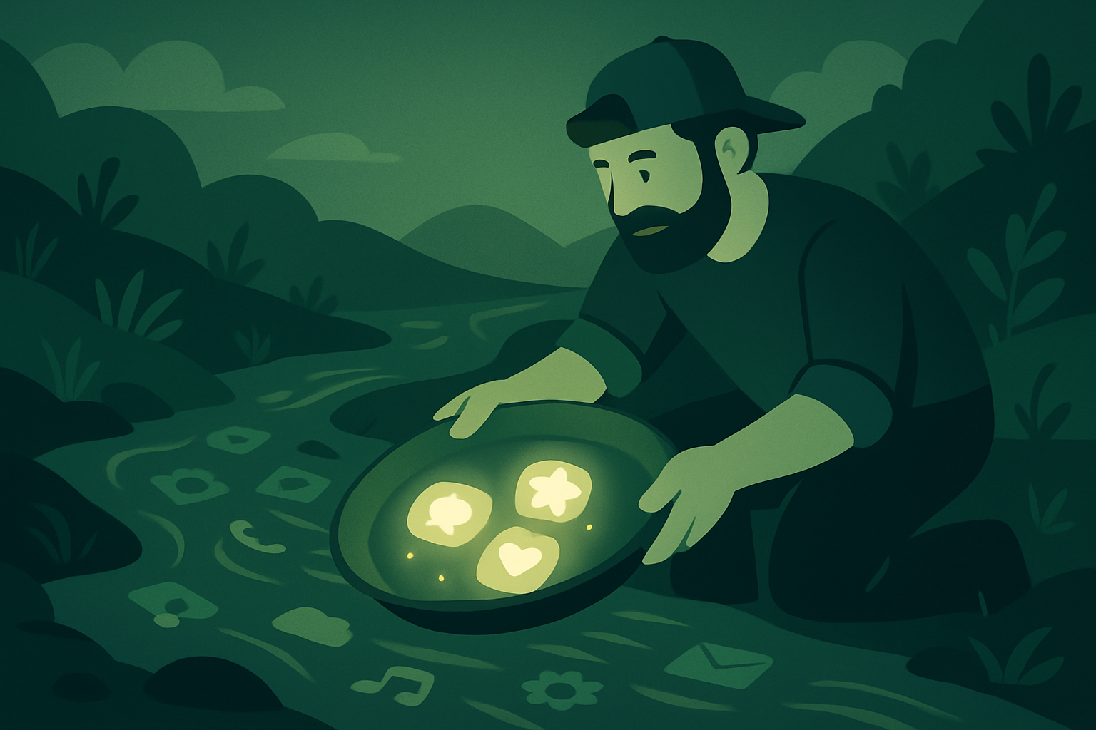 A developer panning a stream of app icons and catching a few glowing ones, representing how to find app ideas worth building.