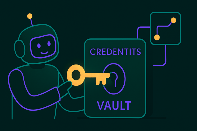 Robot plugging a glowing key into a credentials vault, showing how to add an OpenAI API key to an n8n node.