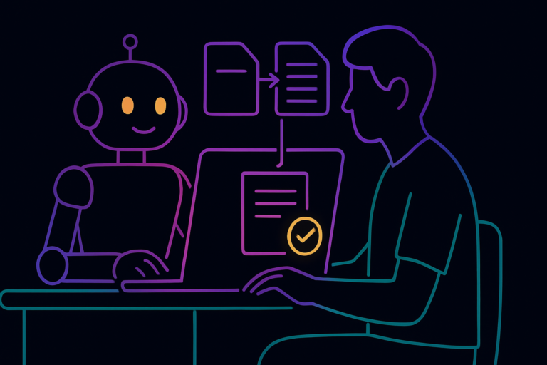 A robot coworker assembling a document at a desk, illustrating what Claude Cowork is.