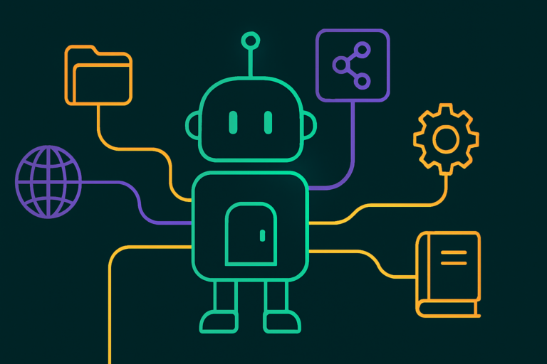 A robot connected to several labeled tools, illustrating a curated MCP server list.