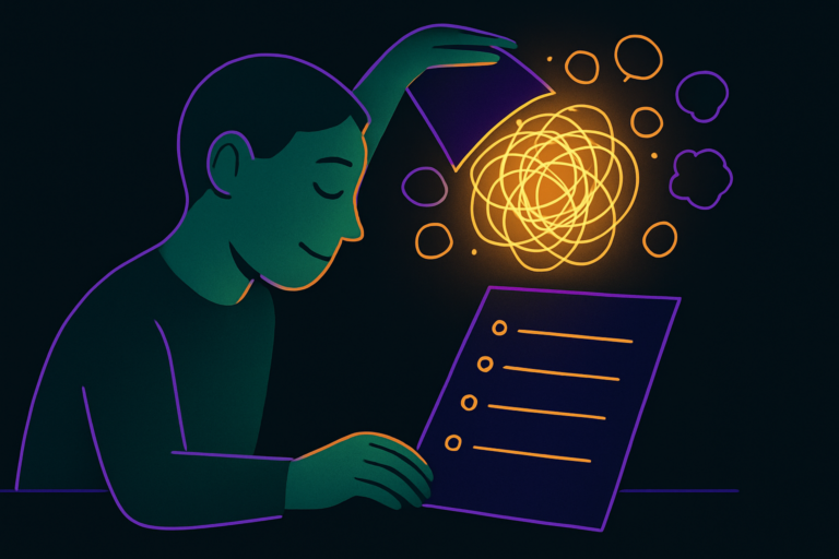 Tangled thoughts being emptied from a head onto a clean page, illustrating an ADHD brain dump.
