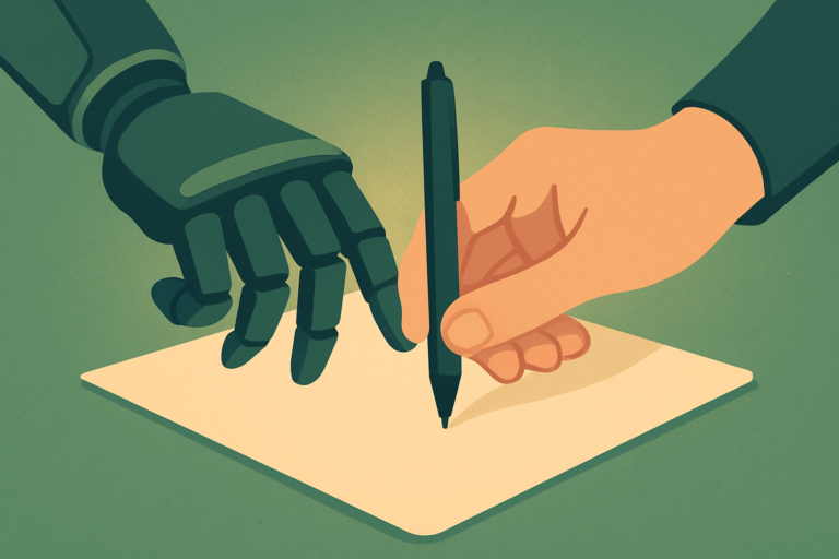 A robot hand and a human hand sharing one pen over a sheet of paper, representing making AI writing sound human.