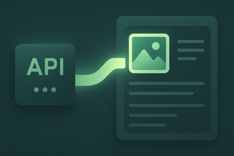 An API endpoint emitting a framed image into a blog layout, representing the OpenAI image API generating featured images.