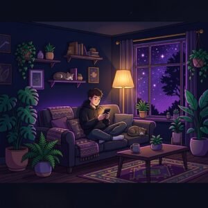 A man sitting on his couch looking at his mobile phone.