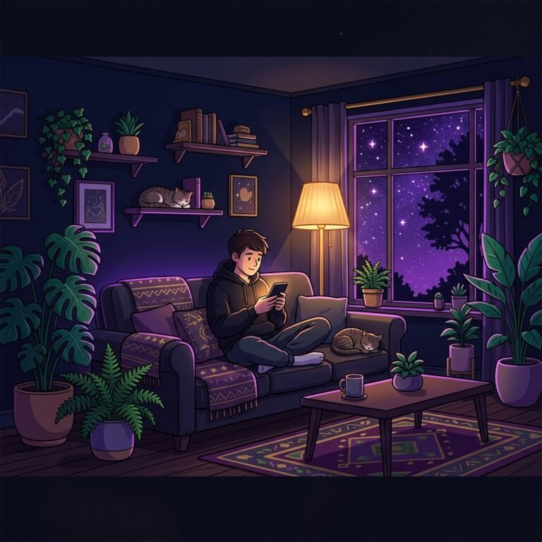 A man sitting on his couch looking at his mobile phone.