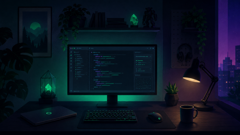 Dark developer desk with a glowing editor, plant and lamp showing indie iOS developer tools
