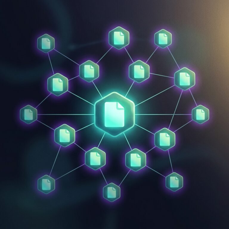 Glowing constellation of connected Markdown file cards forming an AI operating system knowledge graph