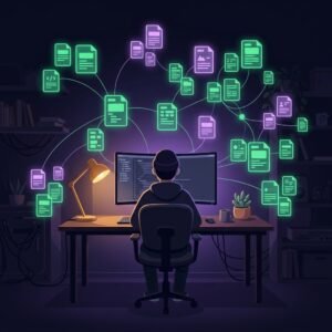 Illustrated developer workspace showing an Obsidian AI workflow with connected files and a glowing knowledge graph