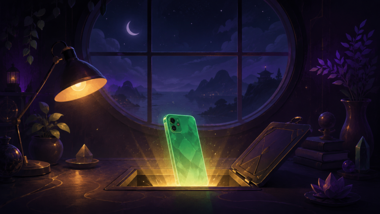 Glowing phone rising from an opening hatch toward a night sky, evoking launching my first iOS app