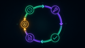 A glowing circular loop cycling through trigger, skill, verify, and memory icons with a human approval gate, representing loop engineering.