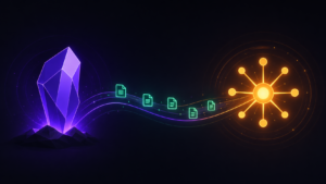 An Obsidian vault connected to an AI hub by a bridge, representing an Obsidian MCP server.