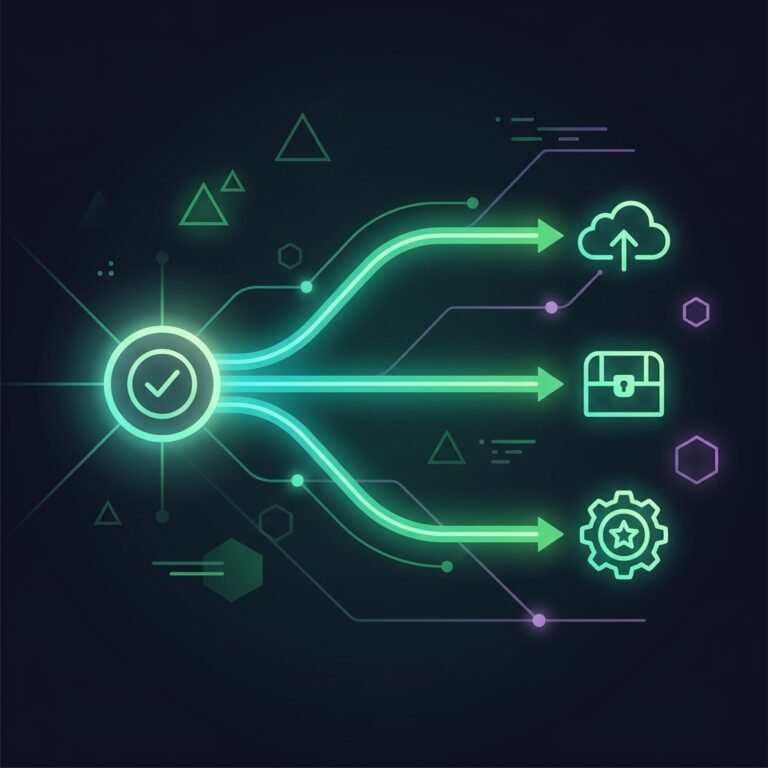 Glowing node diagram of a content automation pipeline branching from one approval into three draft destinations