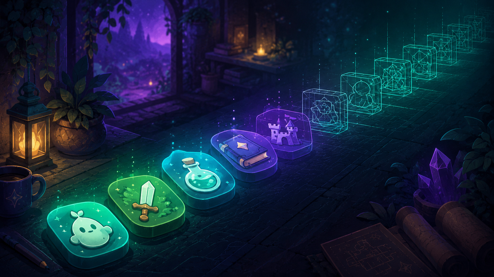 Glowing app-icon tiles ascending like steps, illustrating building apps to learn before you validate an app idea