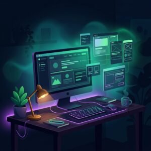A dark desk during an AI website redesign with a sleek dark site layout glowing on the monitor