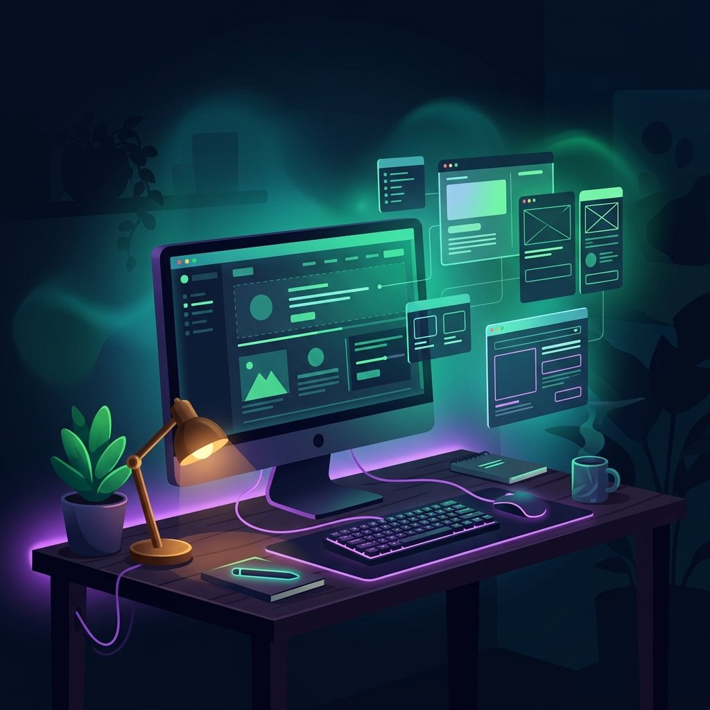 A dark desk during an AI website redesign with a sleek dark site layout glowing on the monitor