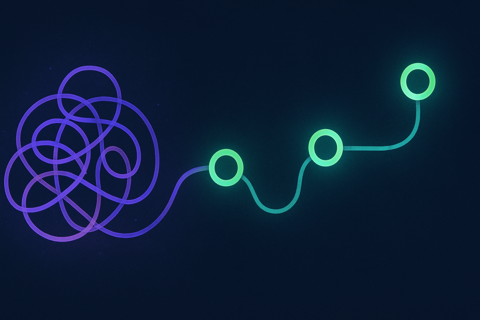 A tangled loop straightening into a clean sequence, showing how a vibe coding workflow avoids the doom loop