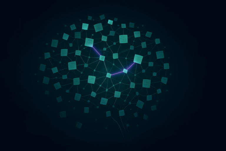 A connected web of glowing notes representing a second brain ai retrieving information by meaning
