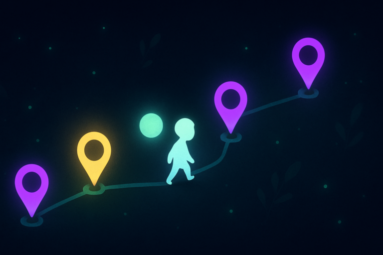 A figure walking a path of checkpoints with a watchful presence following, representing an ai accountability partner