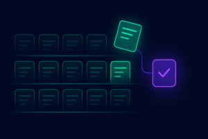 A glowing library of organized fragments with one connecting automatically to a task, representing a prompt manager