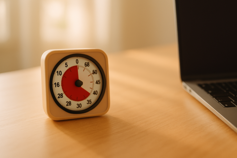 Red visual timer disc on a desk used for ADHD focus sessions