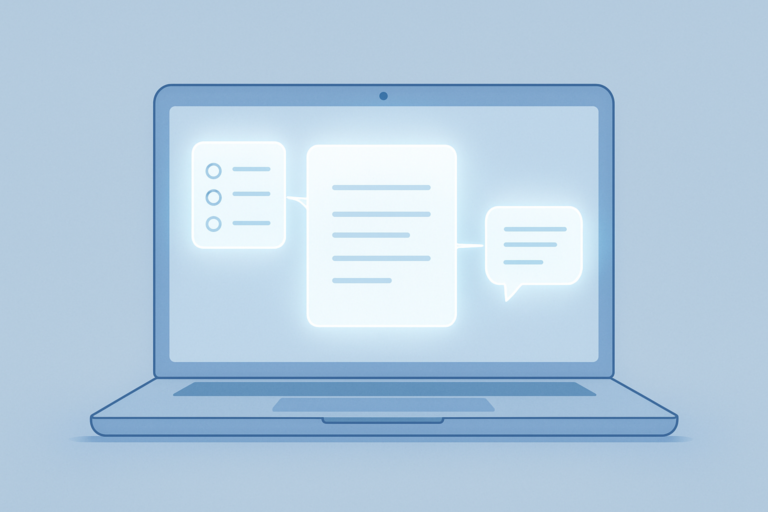 Illustration of a connected AI workspace linking notes, tasks, and chat
