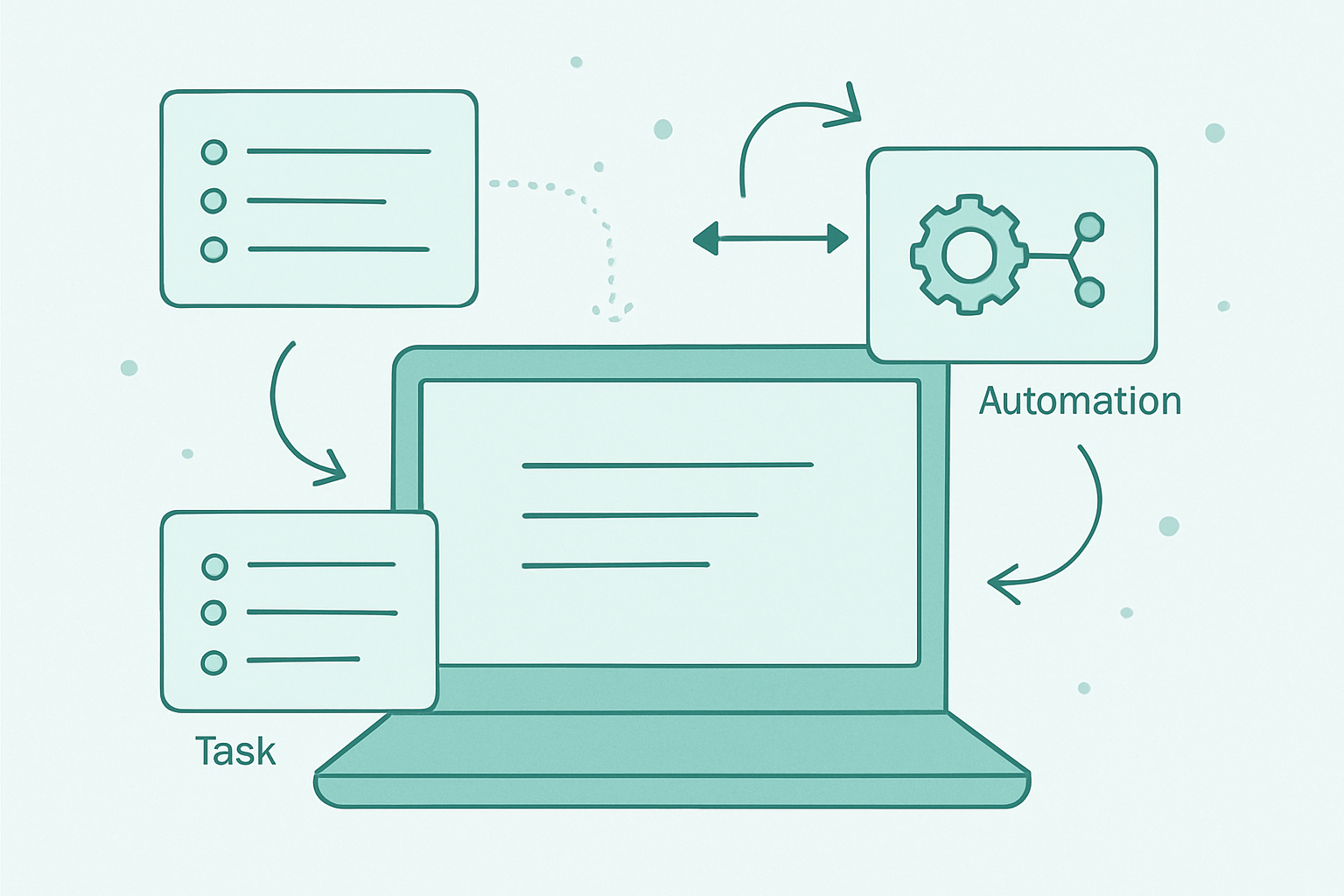 Illustration showing tasks, notes, and automation connected inside one AI workspace