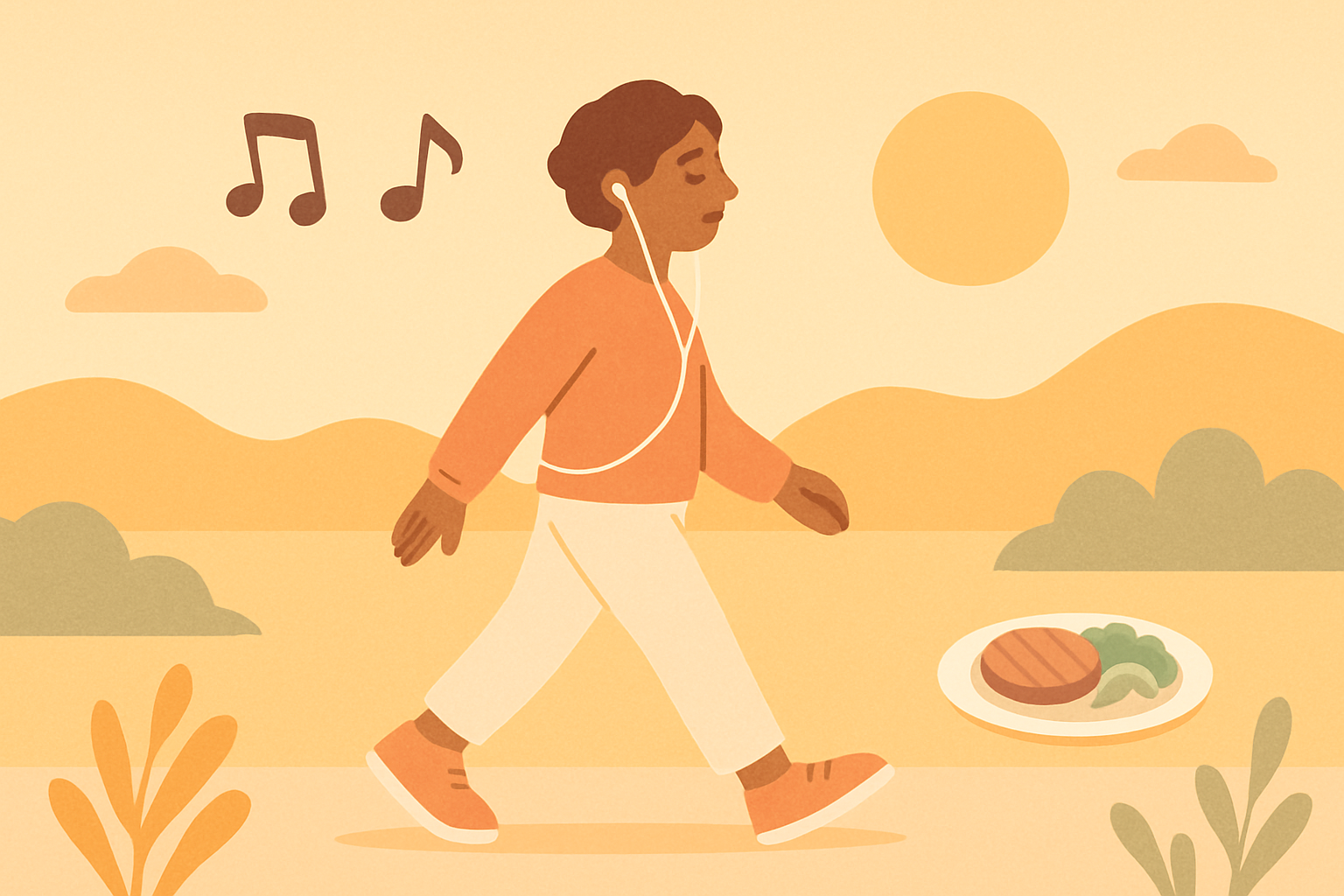 Illustration of a person walking outdoors representing natural dopamine boosting habits