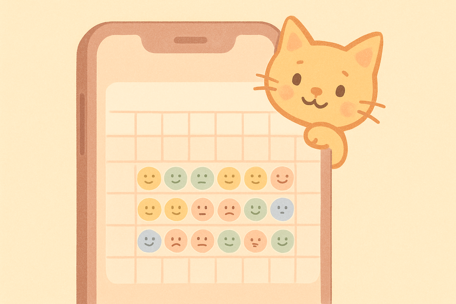 Phone screen showing the Catzy app mood calendar with its cartoon cat
