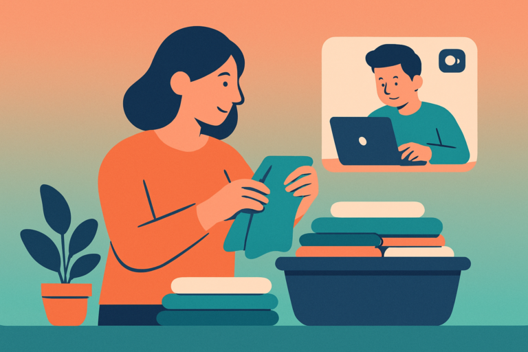 Illustration of a body doubling video session while doing a household task