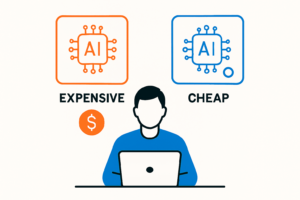 Illustration comparing a costly AI model to a cheap open-weight AI model for a developer choosing between them