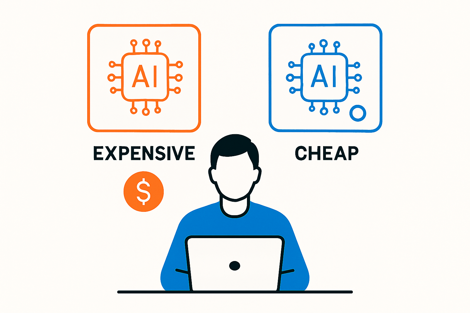 Illustration comparing a costly AI model to a cheap open-weight AI model for a developer choosing between them