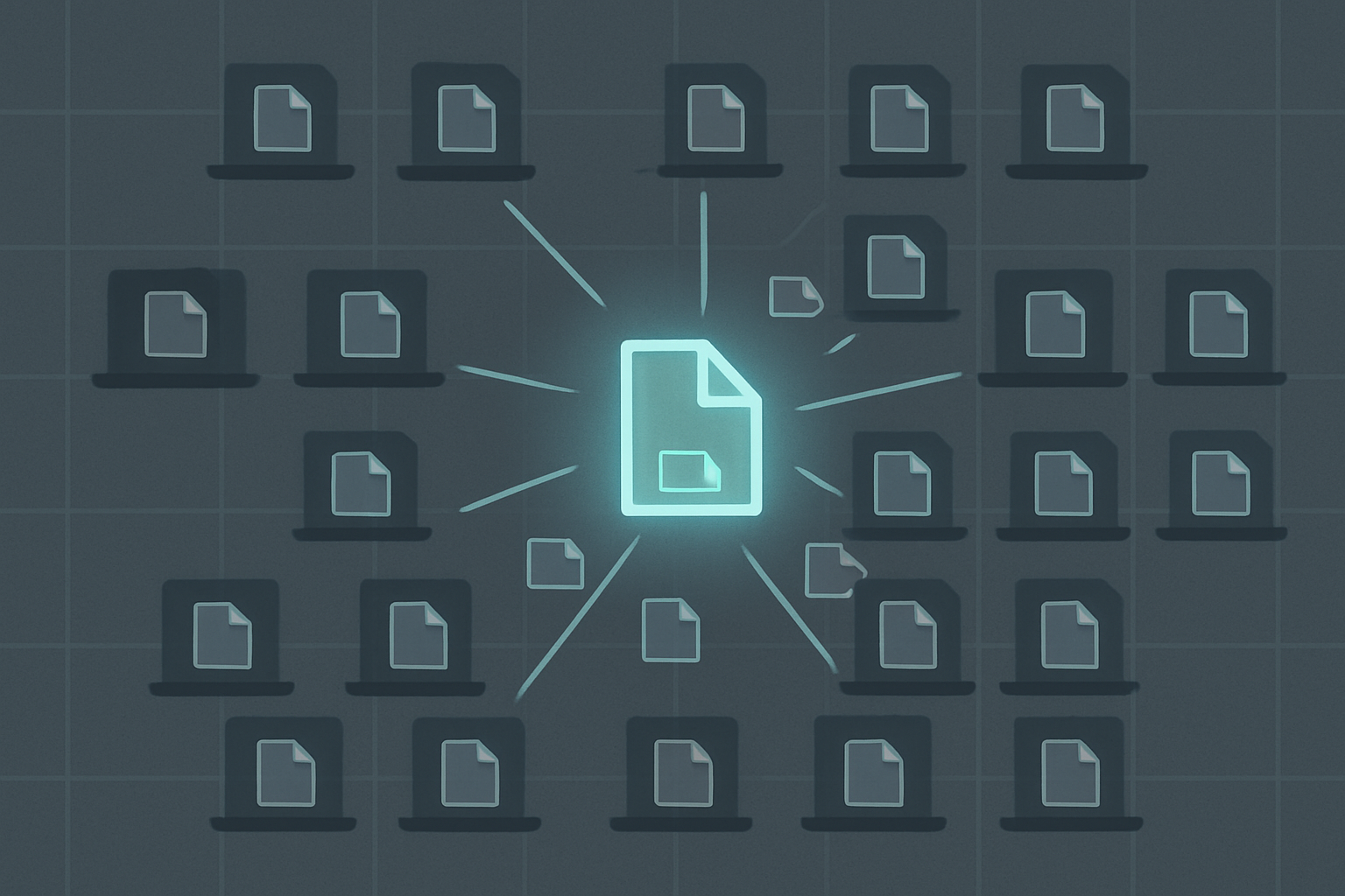 Illustration of a file replicating across many separate computers, representing an open-weight AI model that has already spread beyond central control